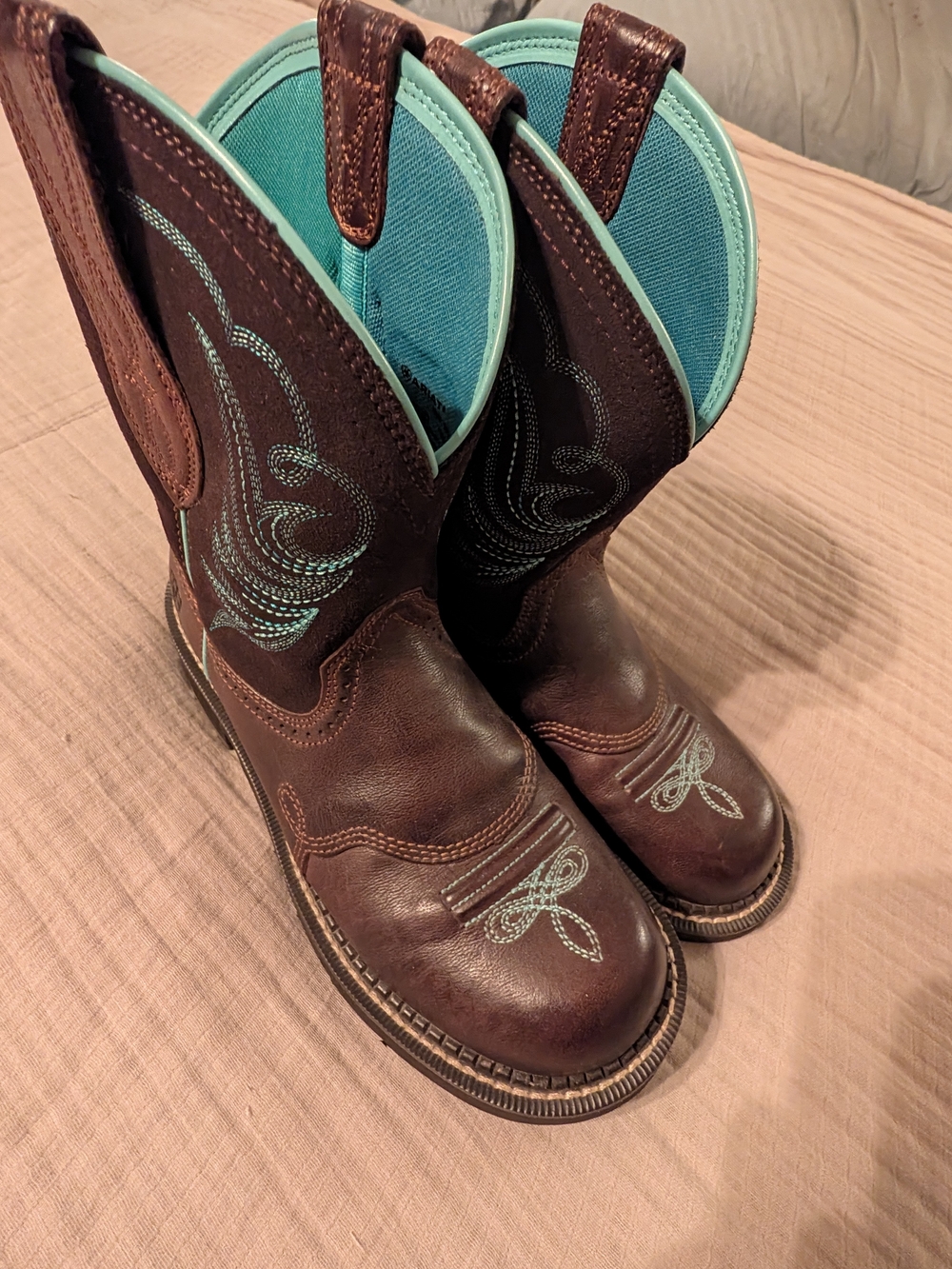 Ariat Brown Leather Western Boots with Teal Interior
